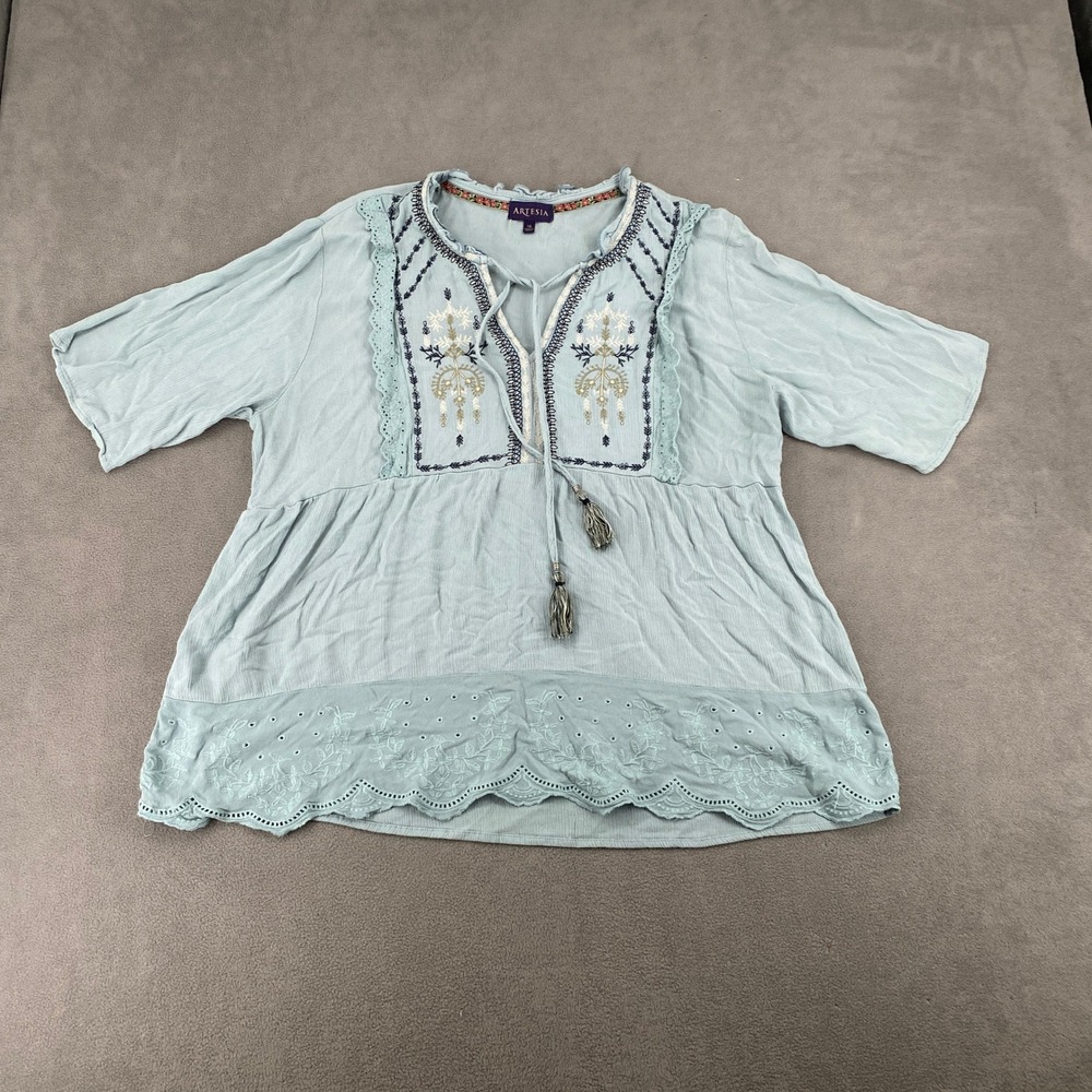 Artesia Boho Peasant Top Blue Embroidered Eyelet Tassel Babydoll Blouse XL